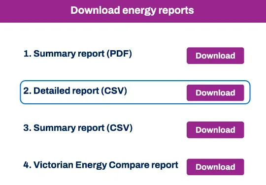 The myEnergy "Download energy reports" dialog as it looked in October 2026, listing 1. Summary report (PDF), 2. Detailed report (CSV), 3. Summary report (CSV), and 4. Victorian Energy Compare report. Option 2 is outlined.